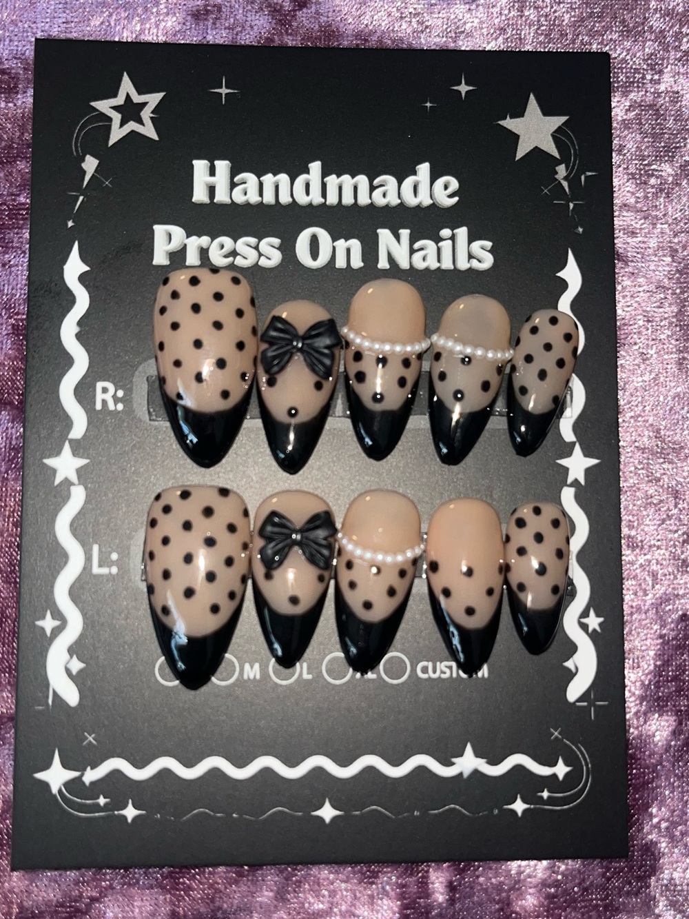 Handmade Press-On Nails in Nude and Black with Bow Accent